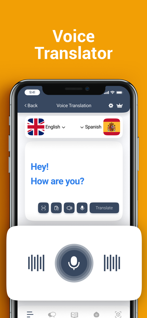 Voice translation interface on a smartphone screen showing English to Spanish text conversion
