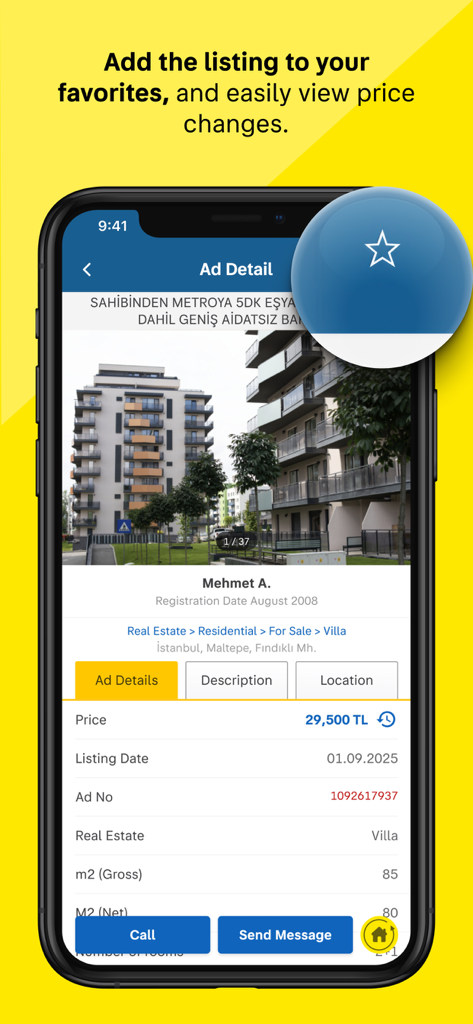 sahibinden #AlSatKiralaKesfet - Página de detalles del anuncio de bienes raíces de la aplicación móvil Sahibinden con la función de favoritos para seguir los cambios de precios.