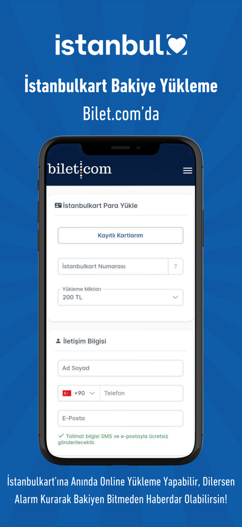 Bilet.com: Uçak Otobüs Feribot - Smartphone screen displaying the Bilet.com interface for topping up an Istanbulkart transit card balance online.