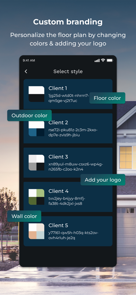CubiCasa | 2D & 3D Floor Plans - A mobile app screen titled Select style showing different custom branding options for real estate floor plans including wall and floor colors.