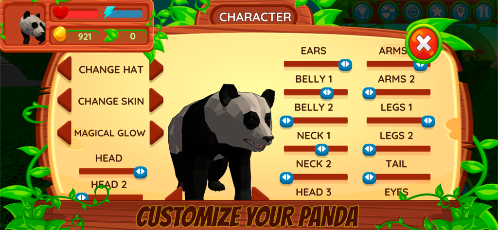 A character customization menu in the game showing a 3D panda with various sliders to adjust its body parts and options to change skins and hats.