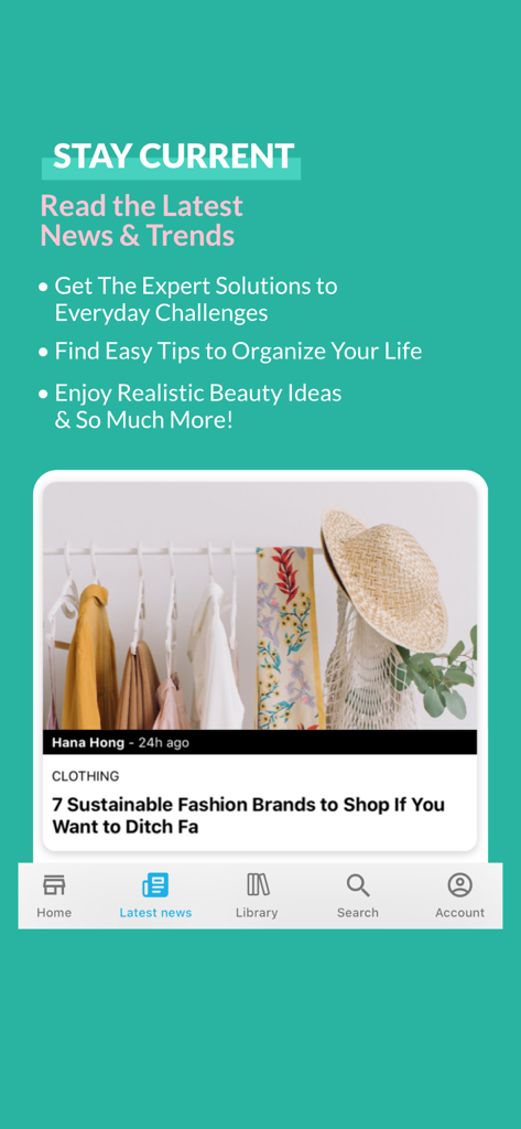 Interface do aplicativo Revista Real Simple para notícias mais recentes e tendências de moda sustentável