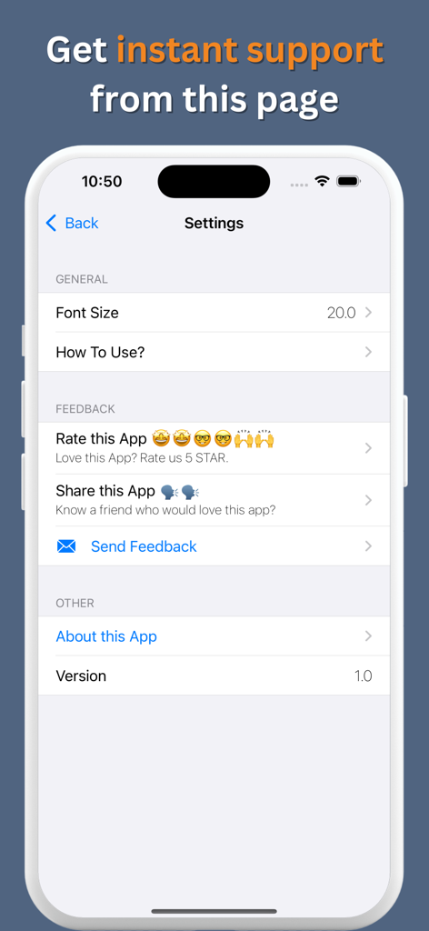 Nyimbo Za Wokovu - The settings menu of the Nyimbo Za Wokovu app showing options for font size adjustment and app support.