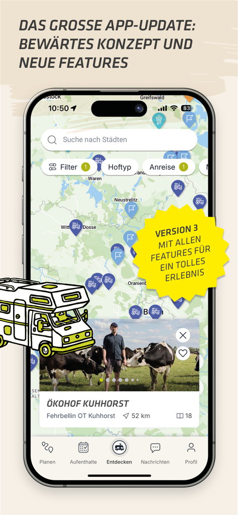 Smartphone screen showing the Landvergnuegen app map with various farm stay locations in Germany