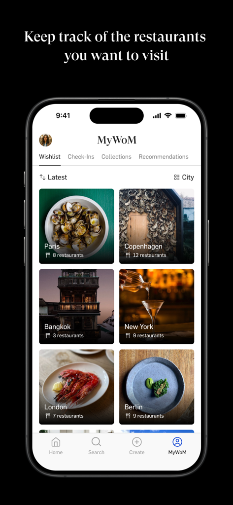 World of Mouth app interface showing a curated restaurant wishlist with saved dining spots in Paris, Copenhagen, and New York.
