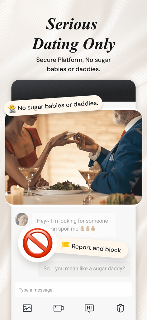 Luxy app screenshot emphasizing serious dating only and a zero-tolerance policy for sugar relationships.