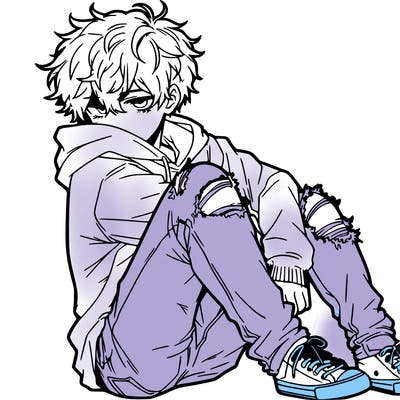 a male hoddie ripped jeans messy hair anime
