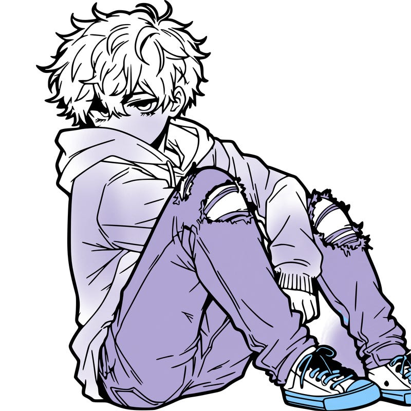 a male hoddie ripped jeans messy hair anime
