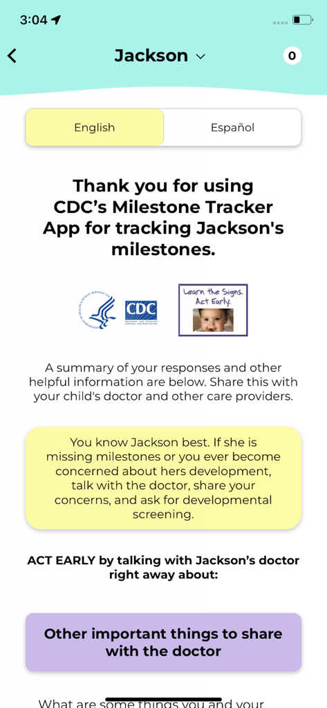 CDC's Milestone Tracker - Zusammenfassung der Entwicklungsmeilensteine für ein Kind in der CDC Meilenstein-Tracker-App