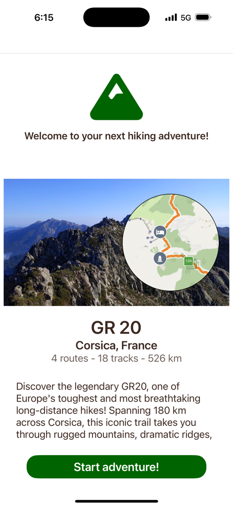 Introduction screen of the GR 20 Corsica hiking app featuring a mountain landscape and trail map.