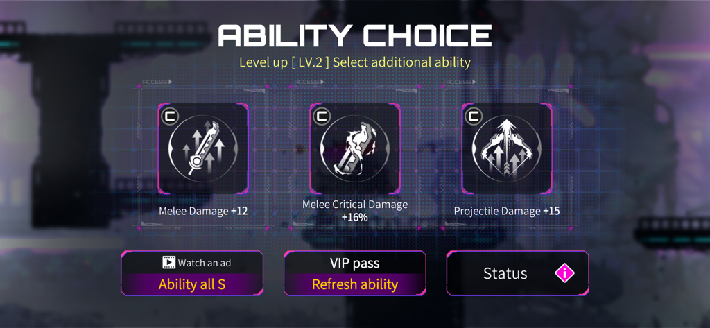 Undestroyed : Roguelike ARPG - Level up screen in Undestroyed Roguelike ARPG showing choices between melee damage, critical damage, and projectile damage upgrades.
