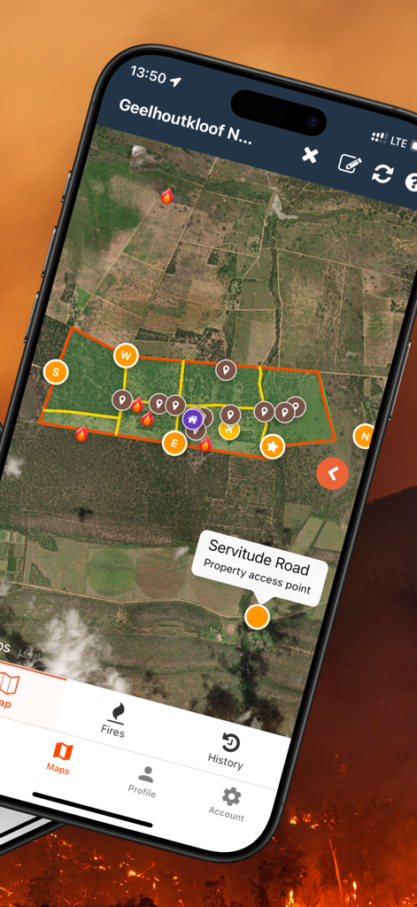 MAP DE FIRE - MAP DE FIRE app displaying a satellite map of a farm with fire markers and property access points