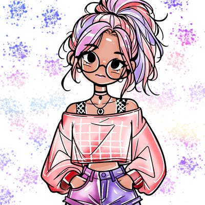 girl with a messy ponytail glasses a baggy crop top and jean shorts