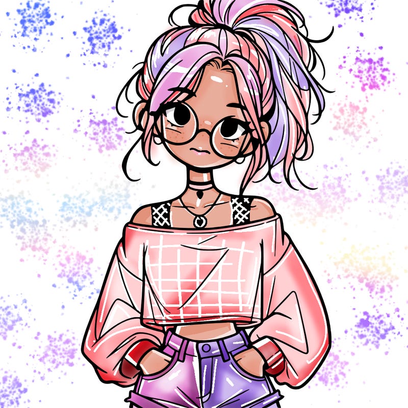 girl with a messy ponytail glasses a baggy crop top and jean shorts