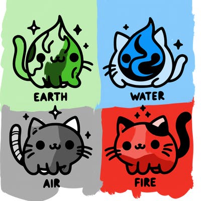 4 cats that represent the different elements, earth, water, air, and fire