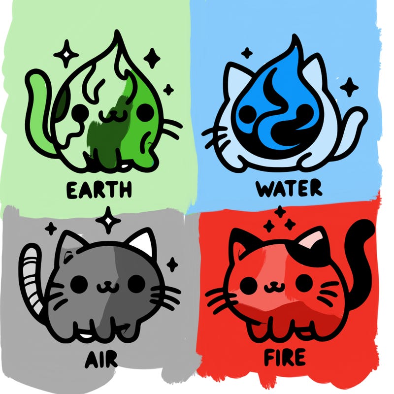 4 cats that represent the different elements, earth, water, air, and fire