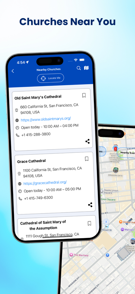 A mobile app screen showing a list of nearby churches with addresses and a map view.