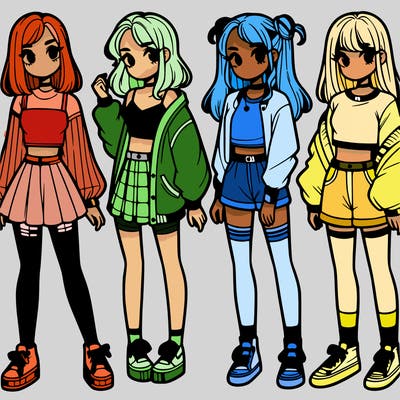 one girl with crop-top shirt and a jacket with a skirt, long socks and another girl with a shirt and pants with a jacket