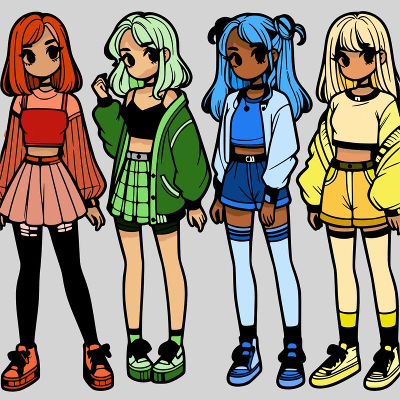 one girl with crop-top shirt and a jacket with a skirt, long socks and another girl with a shirt and pants with a jacket