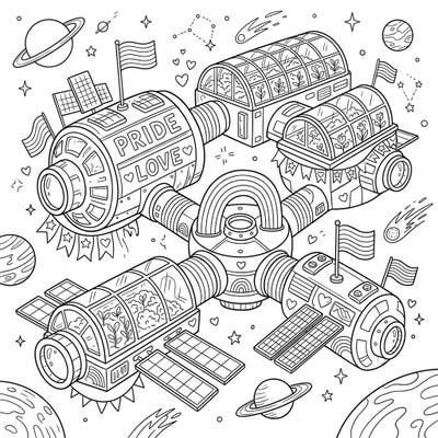 Embark on a cosmic coloring journey with this unique deep space habitat, celebrating Pride Month among the stars. Discover a futuristic space station adorned with vibrant symbols of love and diversity, ready for your creative touch.