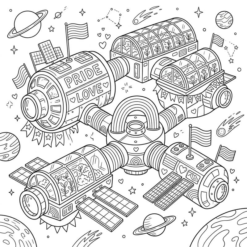 Embark on a cosmic coloring journey with this unique deep space habitat, celebrating Pride Month among the stars. Discover a futuristic space station adorned with vibrant symbols of love and diversity, ready for your creative touch.