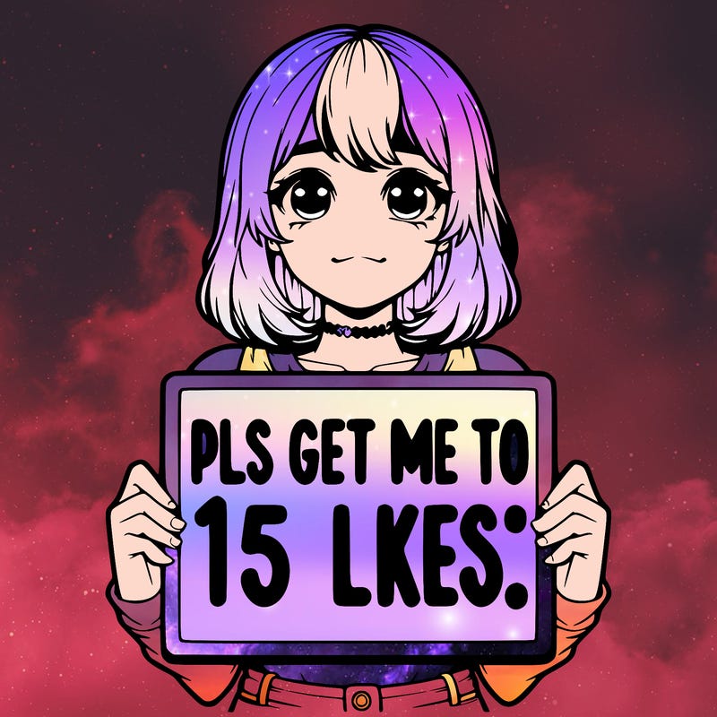 realistic girl holding up a sign that says “pls get me to 15 likes!”