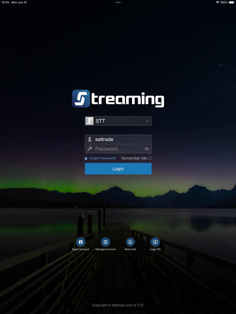 Streaming for iPad - Pantalla de inicio de sesión de la aplicación Streaming para iPad que muestra campos de nombre de usuario y contraseña con un botón de inicio de sesión azul