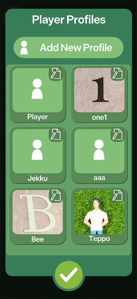 Mölkky® Game Tracker - Interfaccia dell'app Molkky Game Tracker che mostra i profili dei giocatori e l'opzione per aggiungere nuovi giocatori