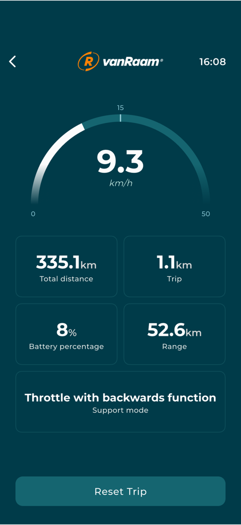 Dashboard dell'app E-Bike Van Raam che mostra metriche di velocità, percentuale batteria, autonomia e distanza su un'interfaccia ad alto contrasto.