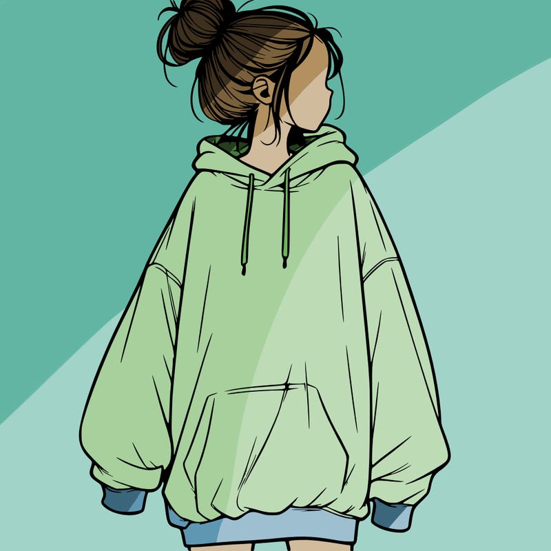 realistic girl with a oversized sweatshirt on and a bun