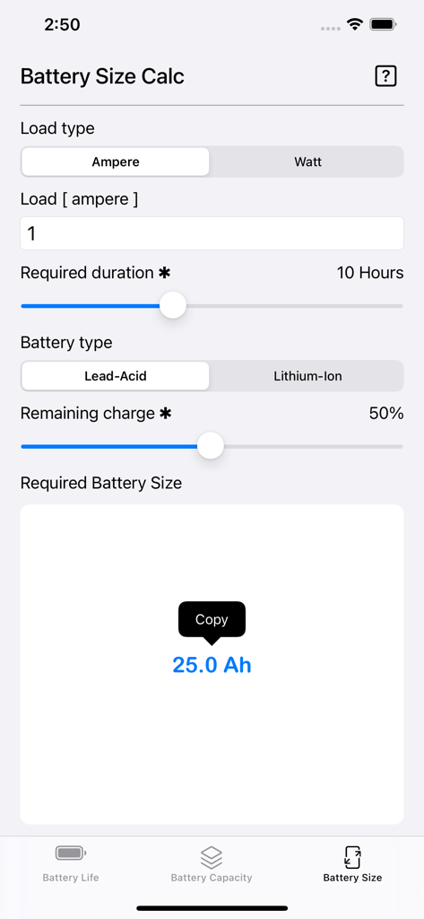 A screenshot of the Battery Calculator app showing the sizing tool for lead-acid batteries with a result of 25 Amp hours