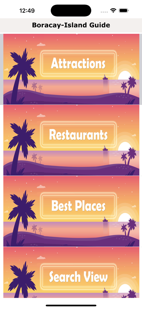 Boracay - Island Guide - Main menu of the Boracay Island Guide app featuring categories for attractions and restaurants over a tropical sunset background