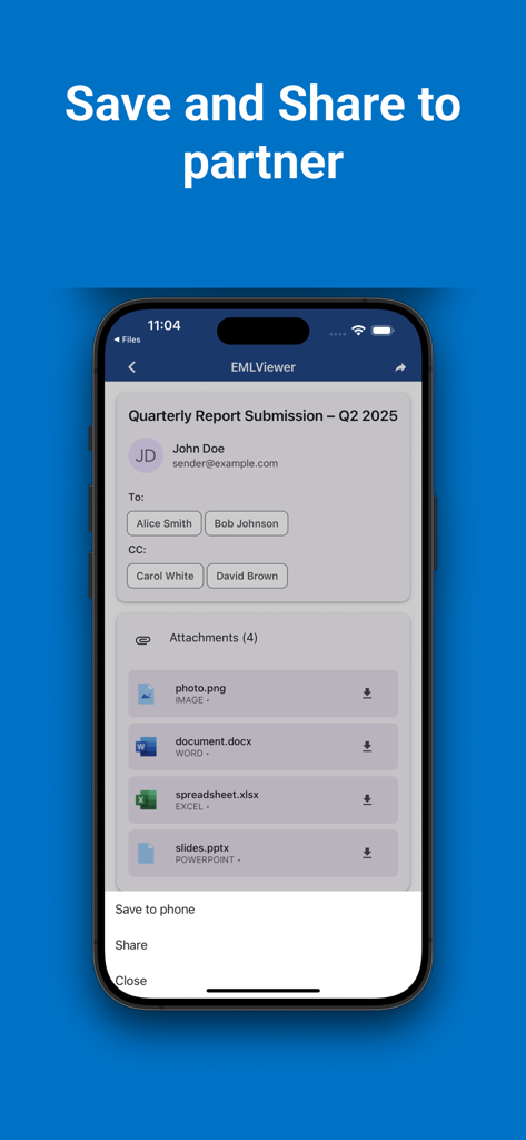 Screenshot der E-Mail-Reader-App, die eine geöffnete EML-Datei mit mehreren Anhängen und einem Freigemenü auf einem iPhone zeigt.