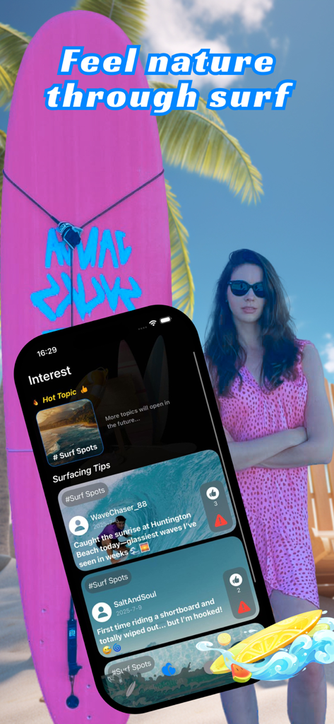 Surfce：Friends Chat，Companion - Teléfono móvil mostrando el feed social de la aplicación Surfce con publicaciones de usuarios sobre spots de surf y técnicas.