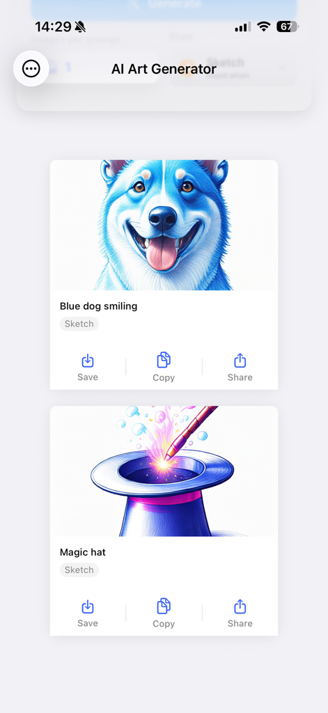 Image Play Studio - A display of AI generated sketches showing a smiling blue dog and a magic hat within the Image Play Studio interface