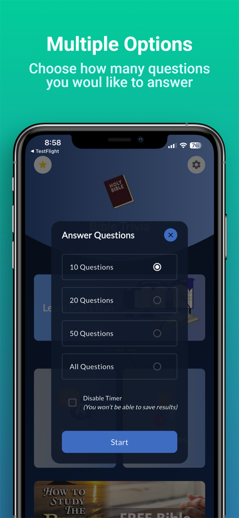 Bible Trivia Quiz - No Ads - A screen from the Bible Trivia Quiz app showing a selection menu where users can choose to answer 10, 20, 50, or all questions.