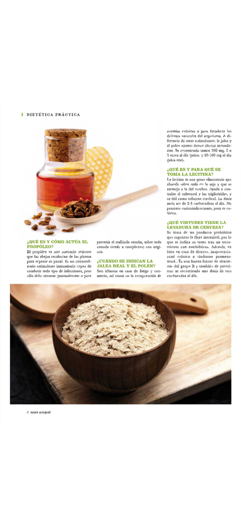 Una página de la revista digital Integral Extra que trata sobre suplementos naturales como el propóleo y la levadura de cerveza.