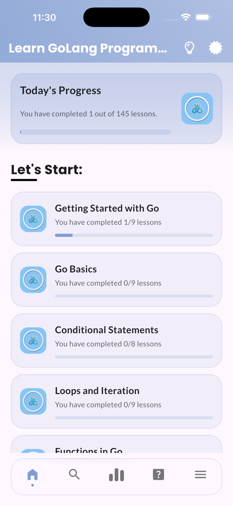 Learn Go Lang | GoPrgramming - Dashboard dell'app Impara GoLang che mostra i moduli del corso e il monitoraggio dei progressi