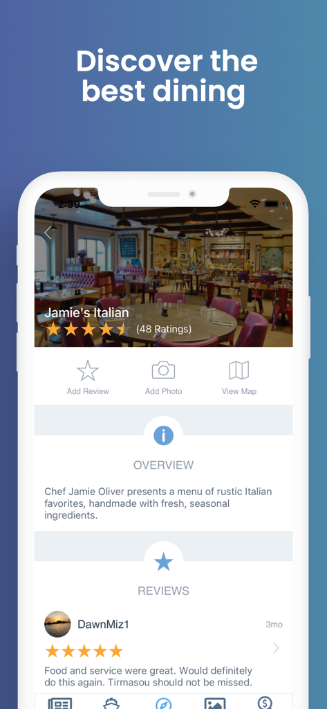 Shipmate: Plan & Track Cruises - Shipmate app interface displaying cruise ship restaurant reviews and ratings for Jamies Italian