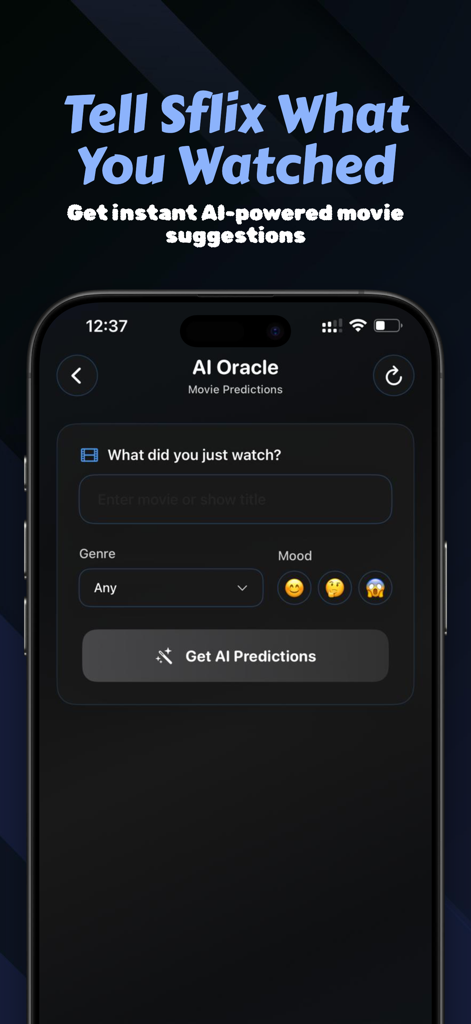 Interface de l'application Sflix pour des prédictions de films basées sur l'IA avec des filtres d'humeur et de genre