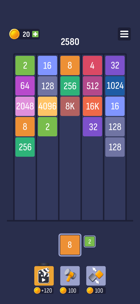 Pantalla de juego de X2 Puzzle que muestra una cuadrícula de bloques de números de colores para fusionar y desafíos lógicos.