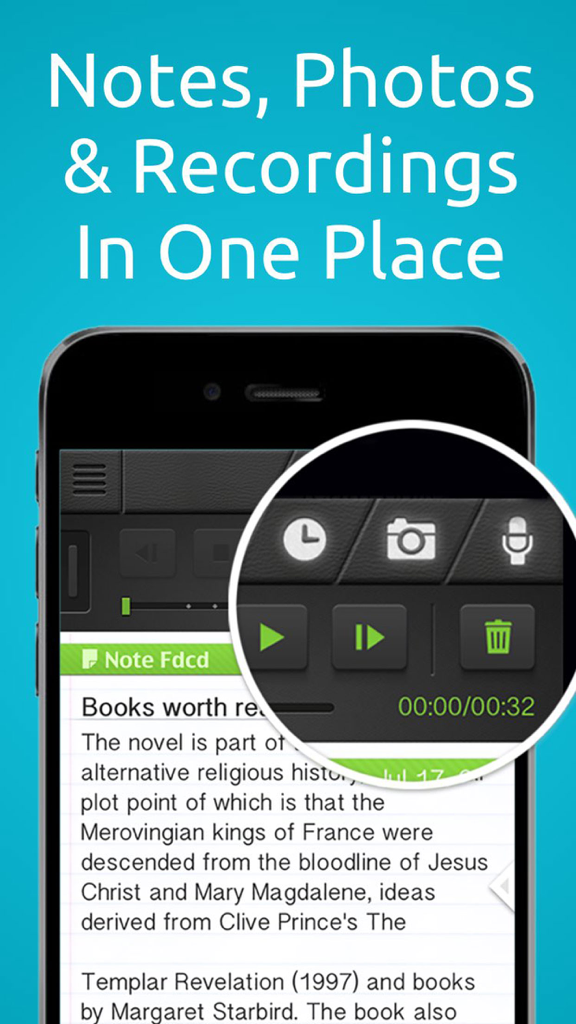 SuperNote app interface showing text notes with integrated audio recording and photo capture tools