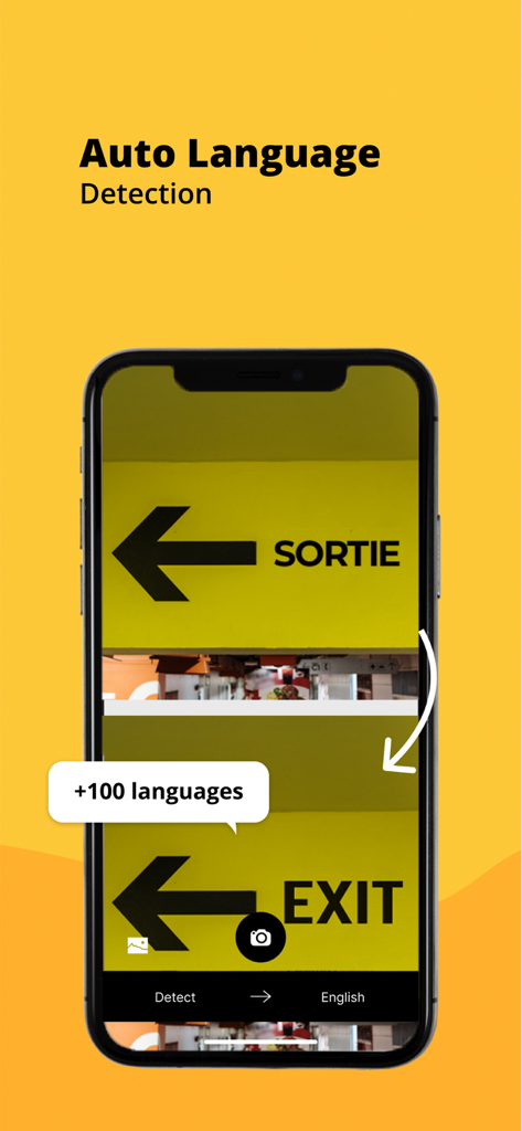 自動言語検出を使用して、フランス語の出口標識を英語に翻訳しているスマートフォンの画面。