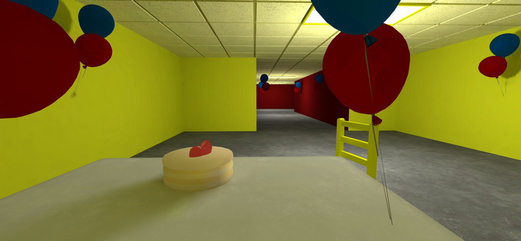 Noclip : Backrooms Multiplayer - Intérieur d'une pièce jaune dans les Backrooms avec un gâteau sur une table et des ballons de fête.