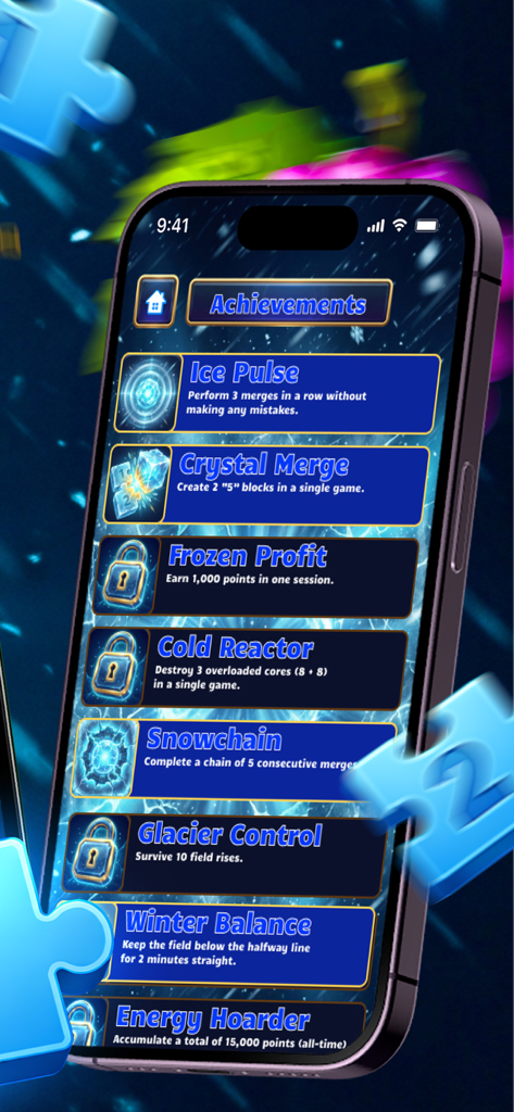Pantalla de Logros en el juego de rompecabezas móvil Energy Colors mostrando recompensas bloqueadas y desbloqueadas