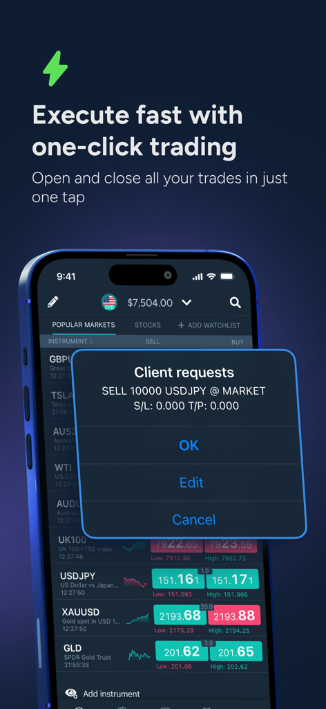 ThinkTrader - ThinkTraderアプリインターフェースに、モバイルデバイスでの外国為替および株式のワンクリック取引と高速取引実行が表示されています