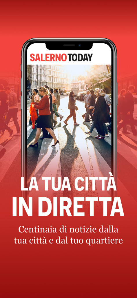 SalernoToday - SalernoToday app main screen showing city street scene with Italian text about live local news