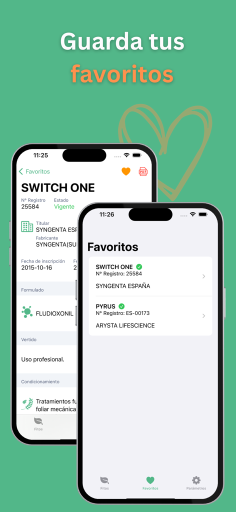 Dos pantallas móviles de la aplicación FitoFarma que muestran una lista de productos fitosanitarios favoritos e información detallada del registro químico para agrónomos