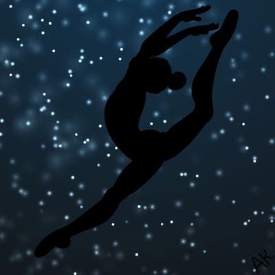 gymnast doing a leap in a leotard with a bent back leg