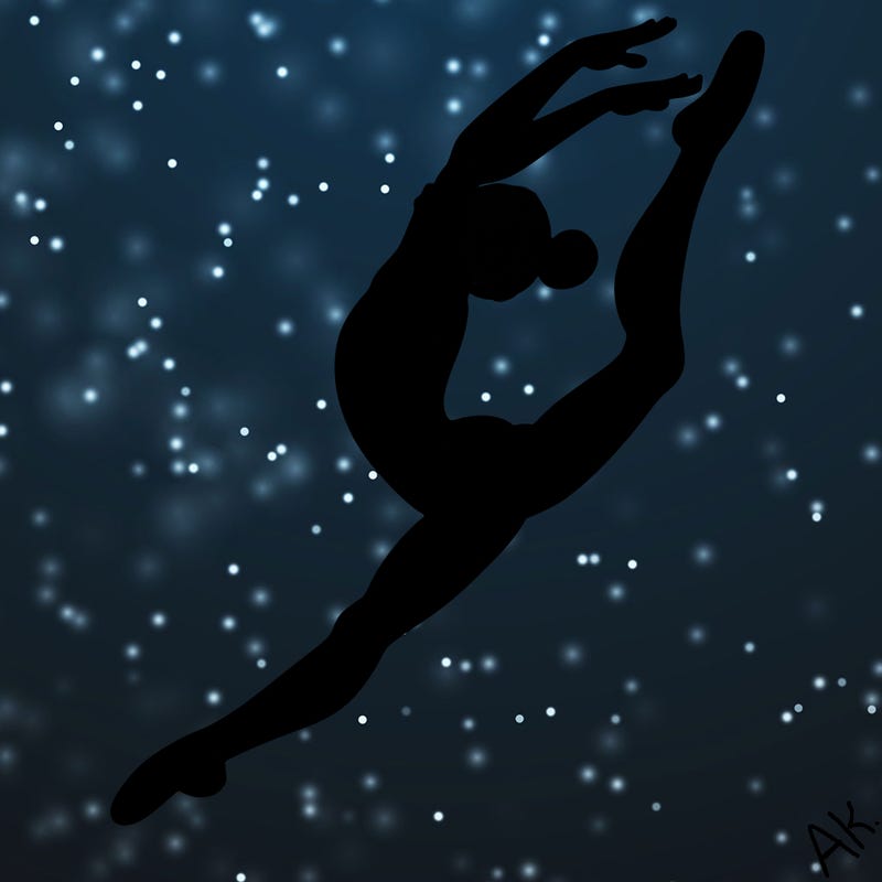 gymnast doing a leap in a leotard with a bent back leg